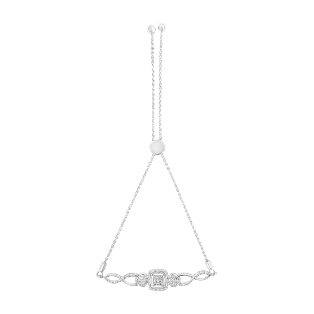 .925 Sterling Silver Diamond Cushion Frame Heart-Sides Bolo Tennis Bolo Bracelet